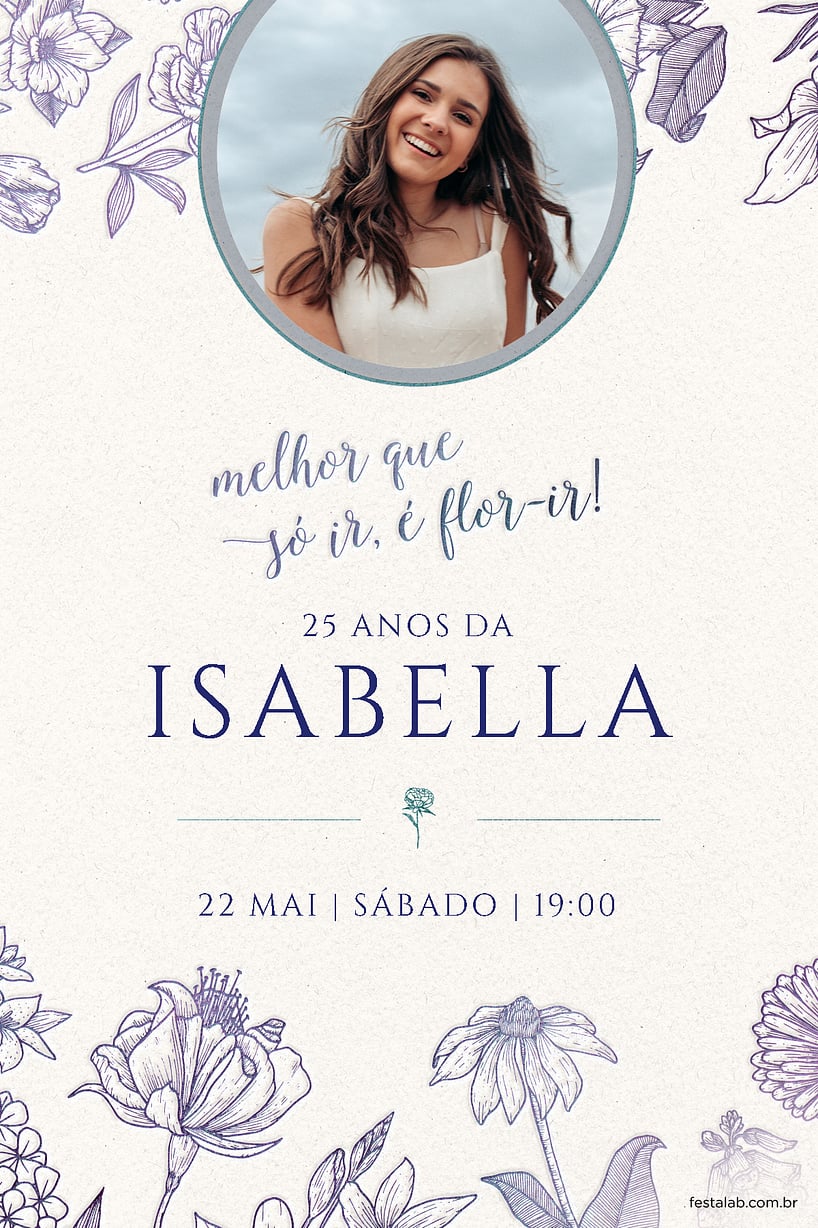 Modelo de Convite de Aniversario Adulto - Flor-ir azul Criar convite de aniversário - Flor-ir azul| FestaLab