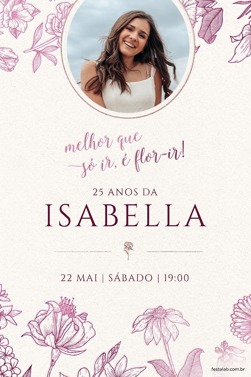 Modelo de Convite de Aniversario Adulto - Flor-ir marsala Criar convite de aniversário - Flor-ir marsala| FestaLab