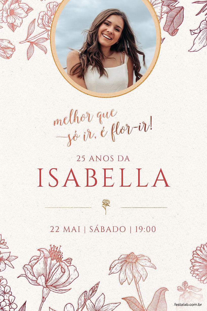Modelo de Convite de Aniversario Adulto - Flor-ir vermelho Criar convite de aniversário - Flor-ir vermelho| FestaLab