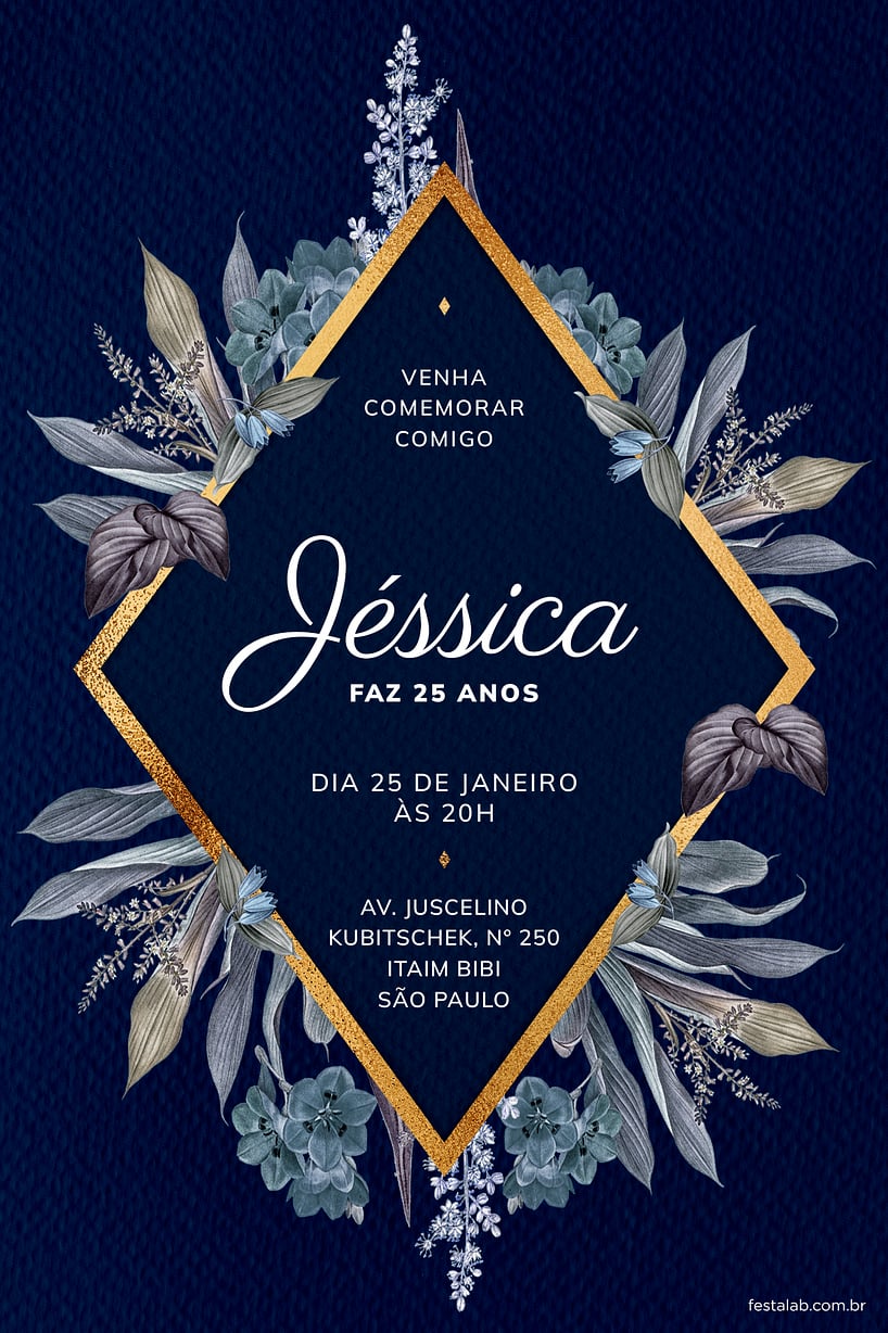 Modelo de Convite de Aniversario Adulto - Floral Azul Criar convite de aniversário - Floral Azul| FestaLab