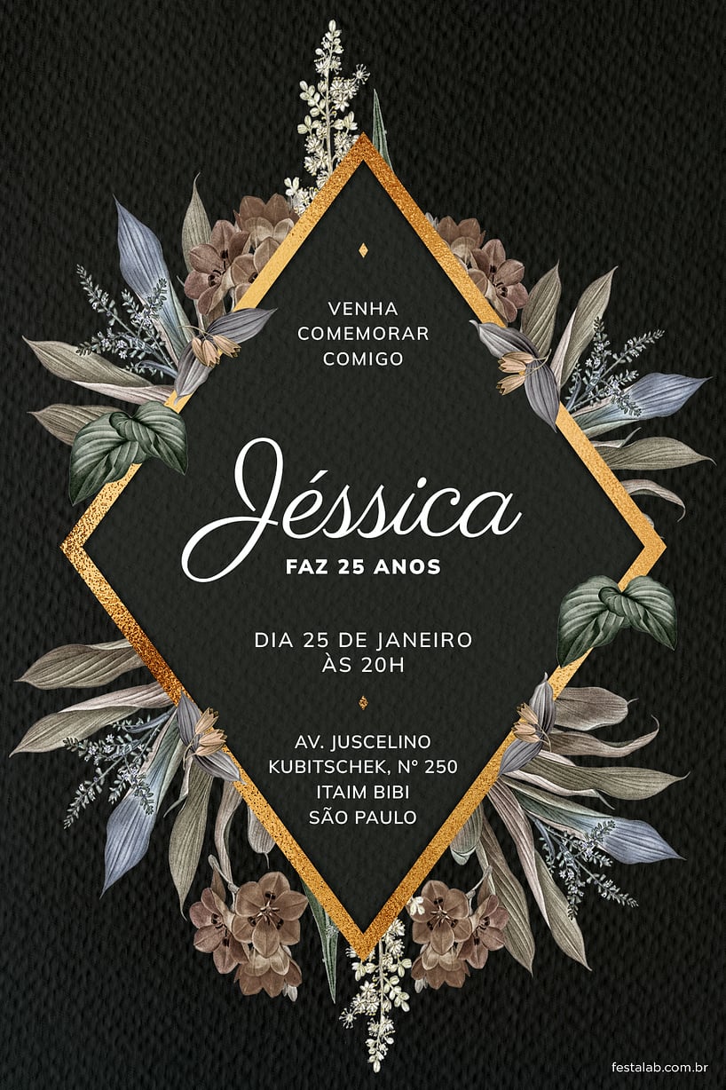 Modelo de Convite de Aniversario Adulto - Floral Preto Criar convite de aniversário - Floral Preto| FestaLab
