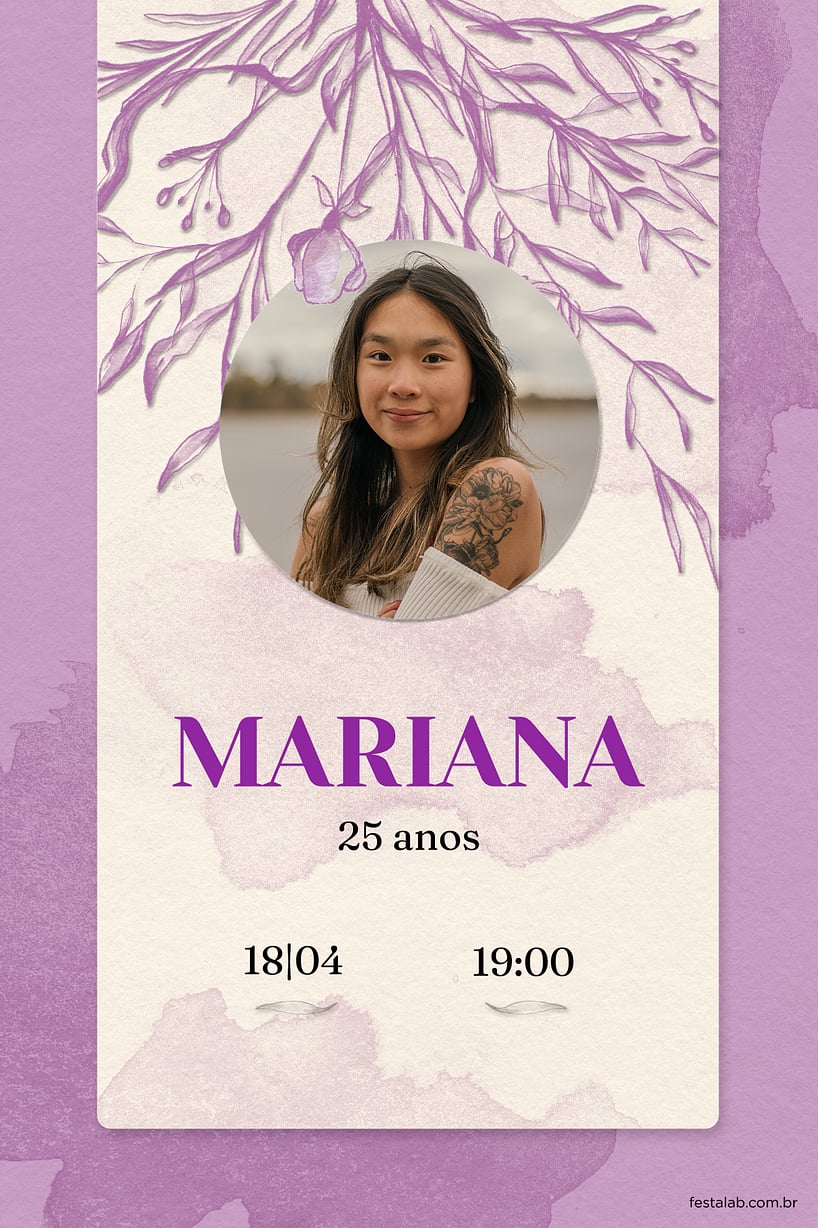 Modelo de Convite de Aniversario Adulto - Flores Aquarela Lilas Criar convite de aniversário - Flores Aquarela Lilas| FestaLab