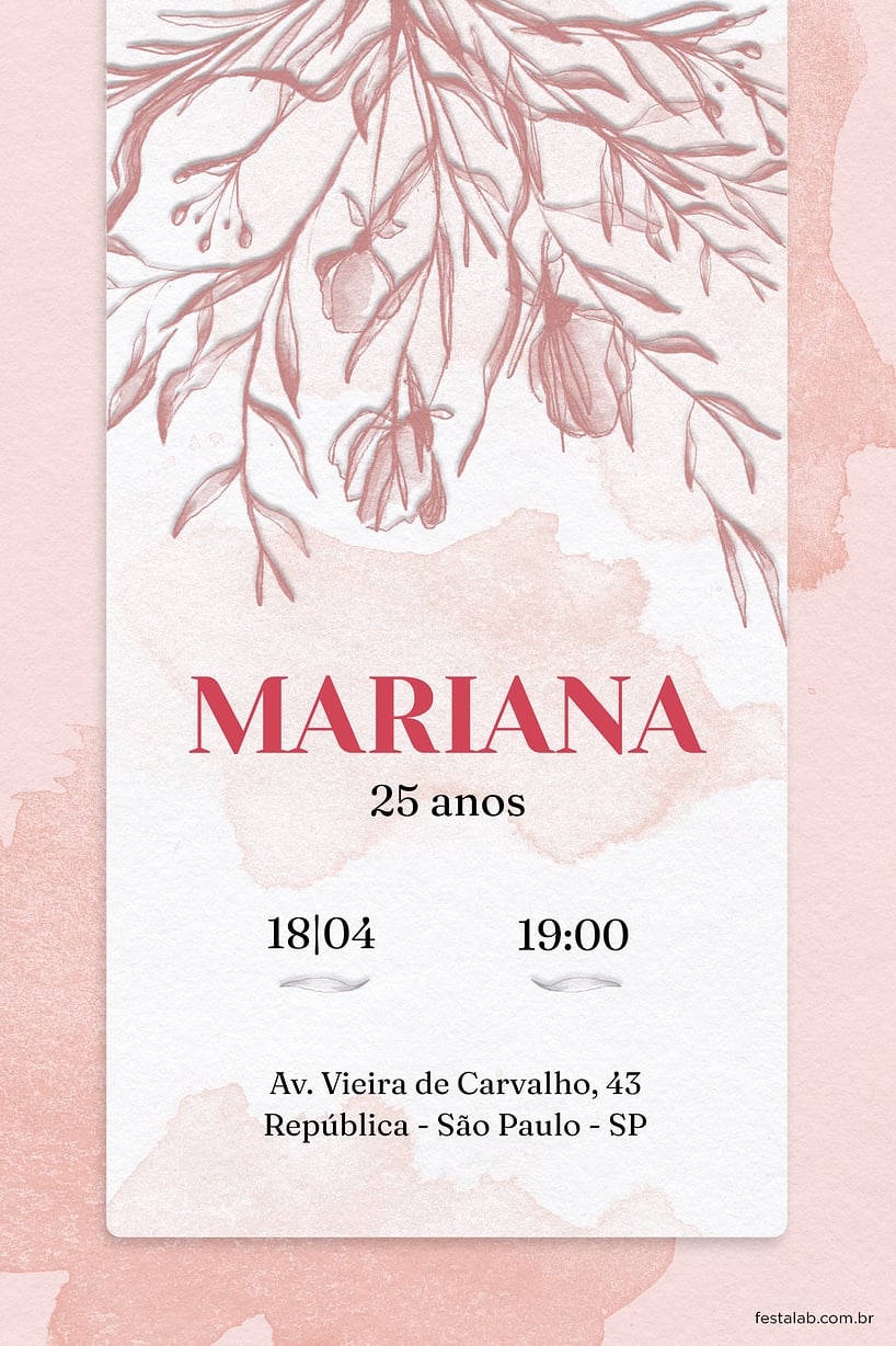 Modelo de Convite de Aniversario Adulto - Flores Aquarela Rosa Criar convite de aniversário - Flores Aquarela Rosa| FestaLab