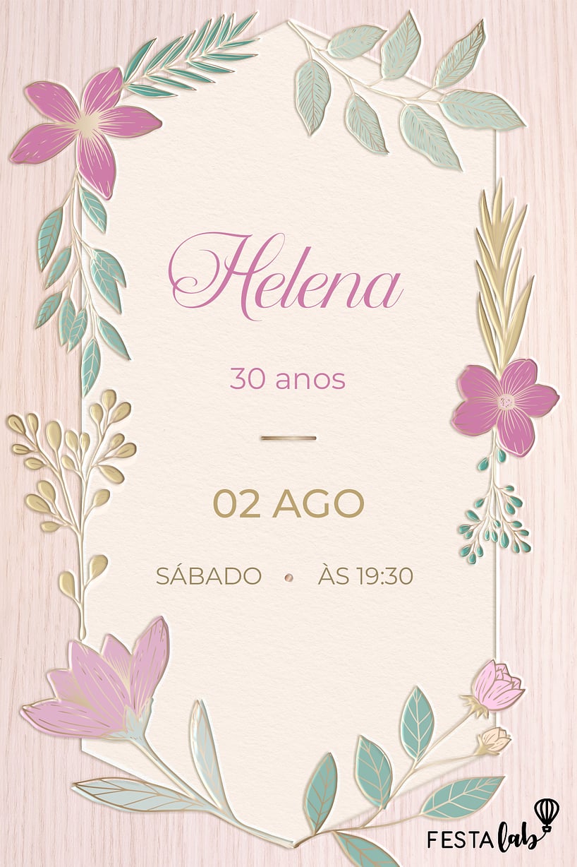 Modelo de Convite de Aniversario Adulto - Flores Entalhadas Criar convite de aniversário - Flores Entalhadas| FestaLab
