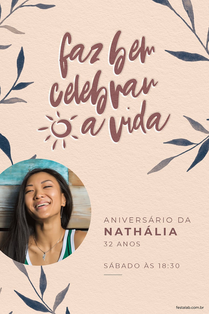 Modelo de Convite de Aniversario Adulto - Folhagem azul Criar convite de aniversário - Folhagem azul| FestaLab