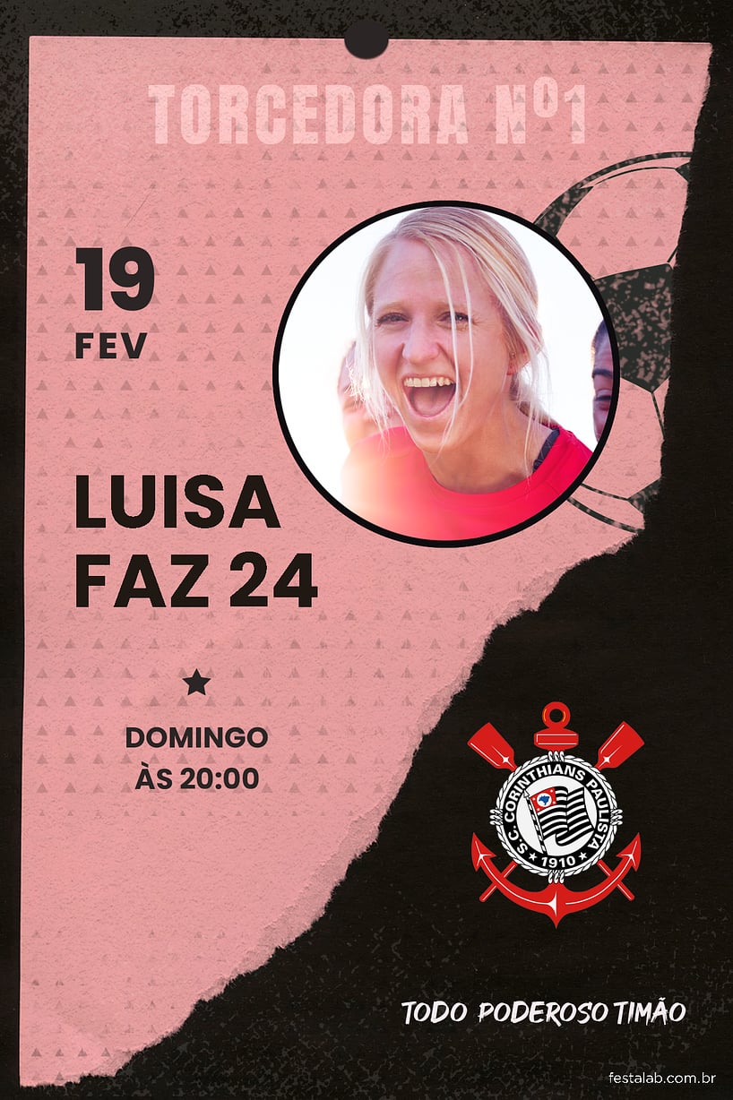 Modelo de Convite de Aniversario Adulto - Futebol Corinthians Rosa Paper Criar convite de aniversário - Futebol Corinthians Rosa Paper| FestaLab