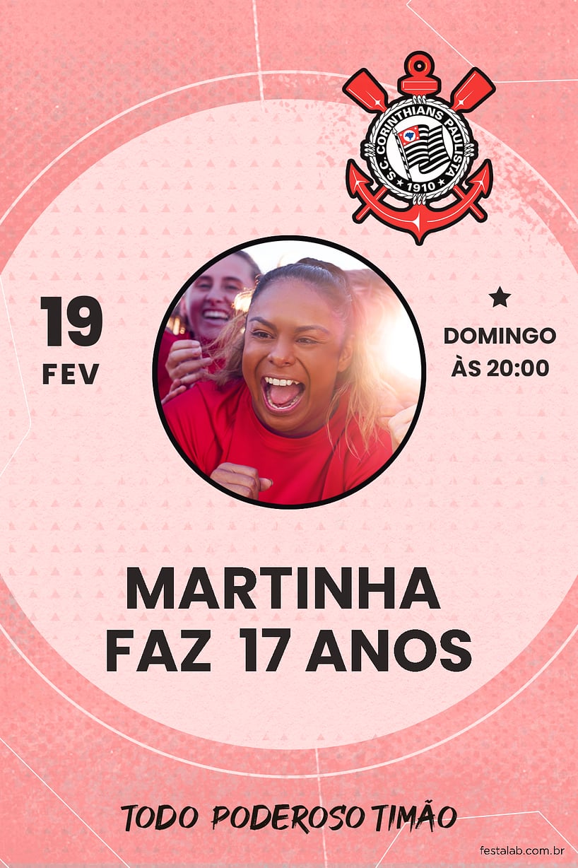 Modelo de Convite de Aniversario Adulto - Futebol Corinthians Rosa Criar convite de aniversário - Futebol Corinthians Rosa| FestaLab