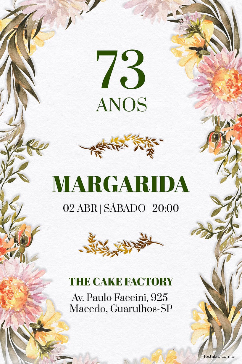 Modelo de Convite de Aniversario Adulto - Galhos & Flores Criar convite de aniversário - Galhos & Flores| FestaLab