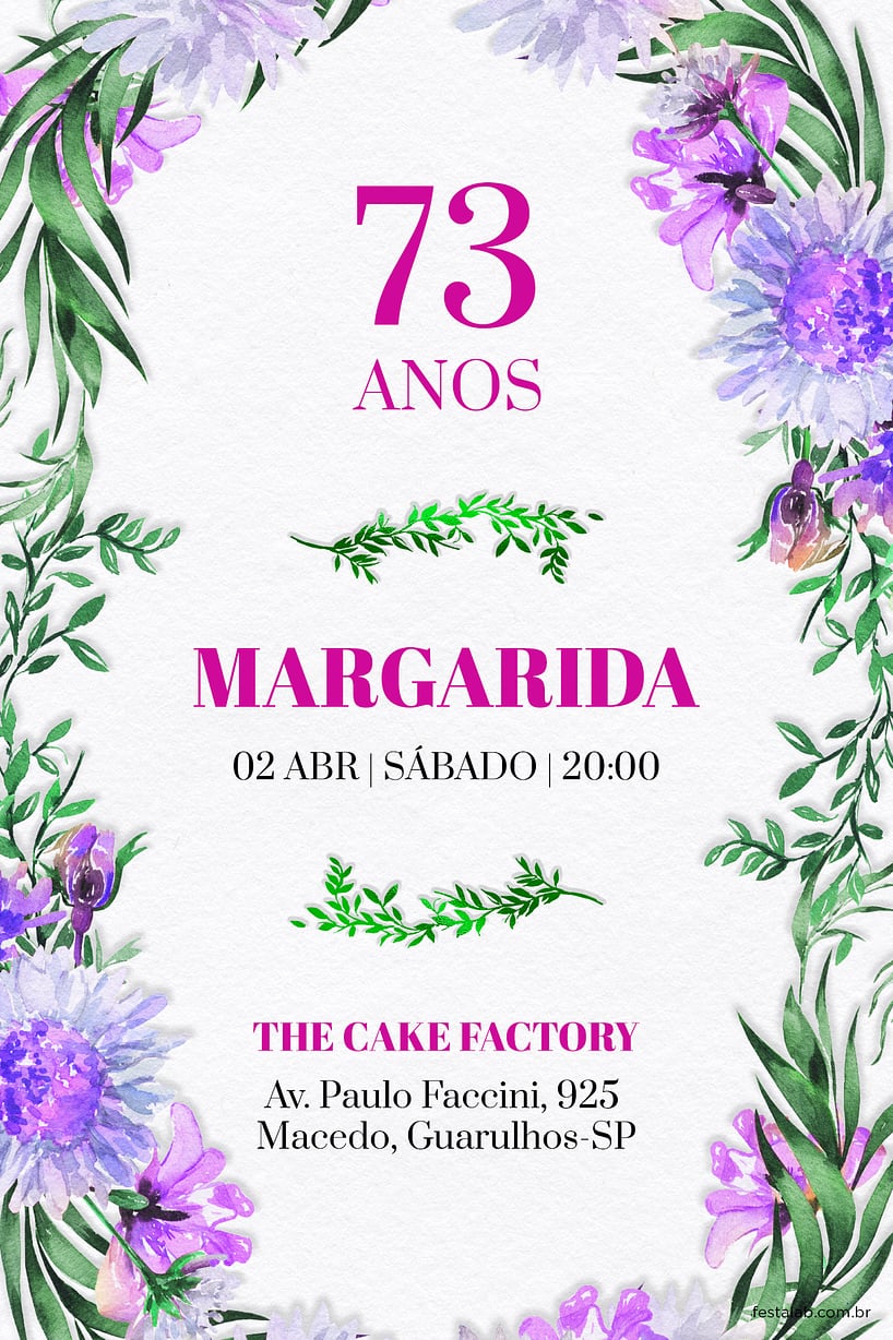 Modelo de Convite de Aniversario Adulto - Galhos & Flores Lilas Criar convite de aniversário - Galhos & Flores Lilás| FestaLab