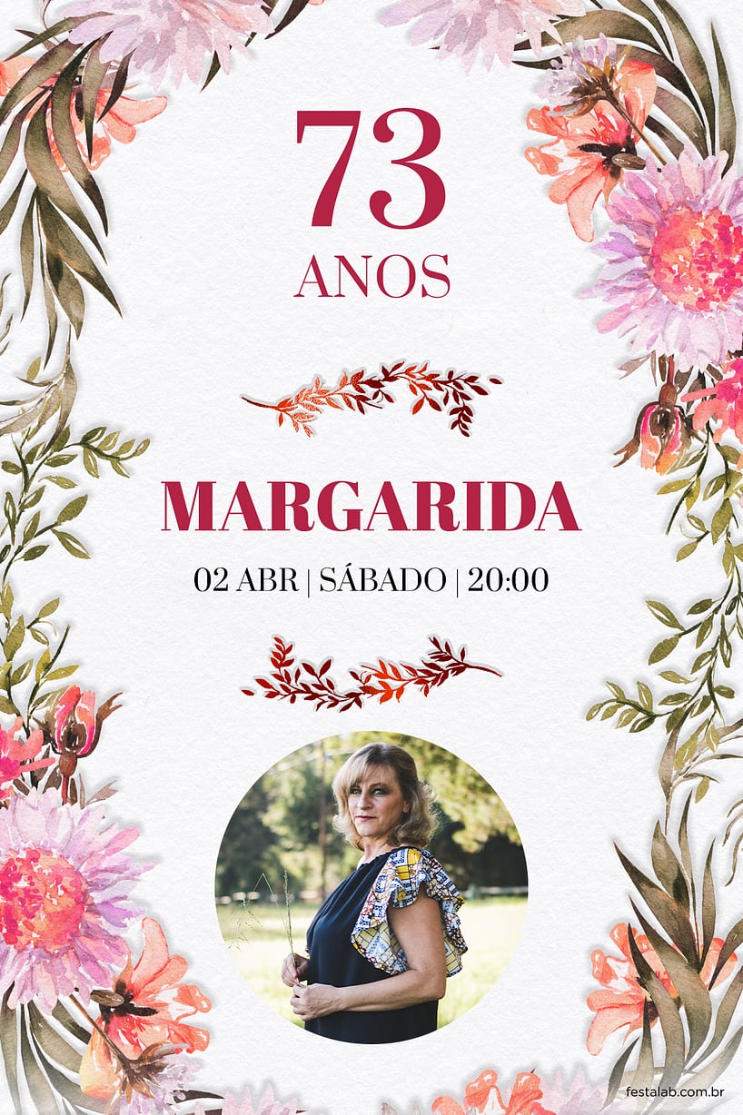 Modelo de Convite de Aniversario Adulto - Galhos & Flores Rosas Criar convite de aniversário - Galhos & Flores Rosas| FestaLab