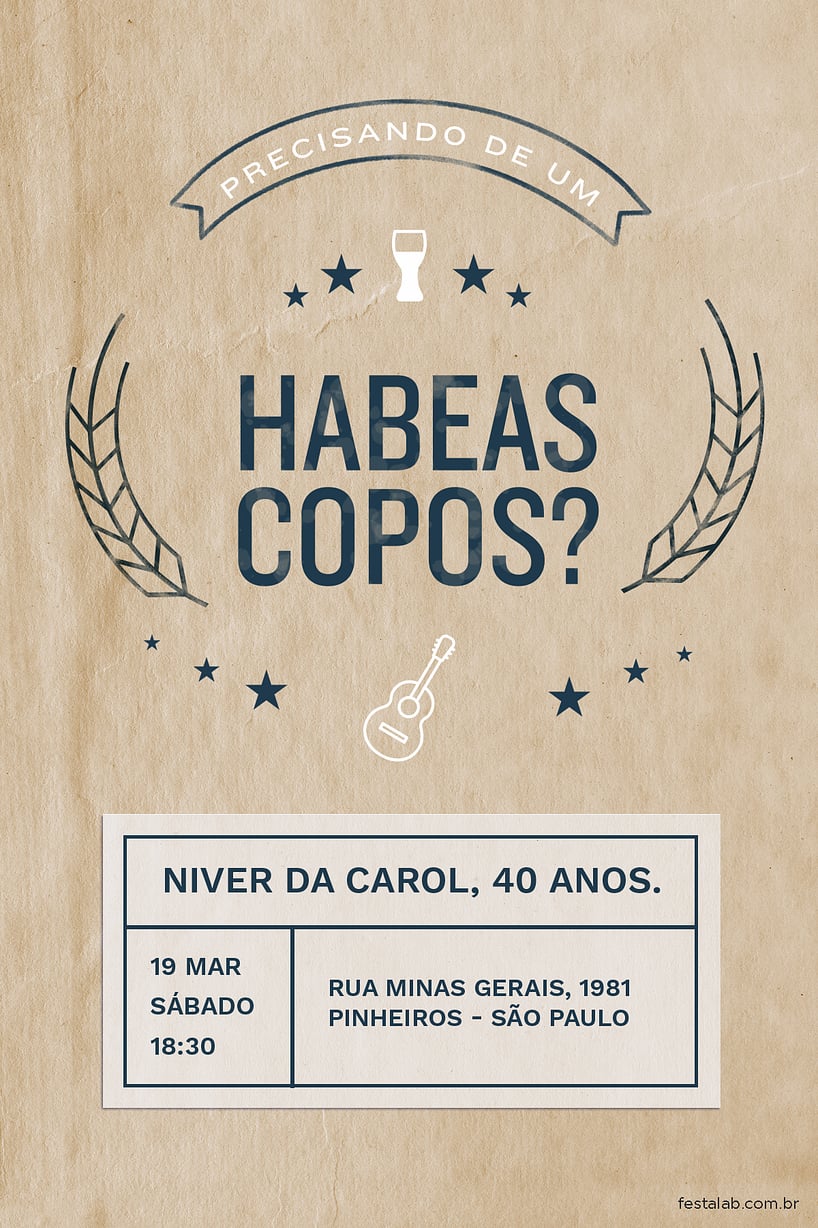 Modelo de Convite de Aniversario Adulto - Habeas Copos? Criar convite de aniversário - Habeas Copos?| FestaLab