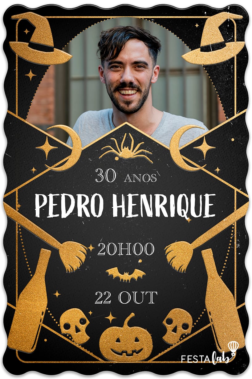 Modelo de Convite de Aniversario Adulto - Halloween dourado Criar convite de aniversário - Halloween dourado| FestaLab