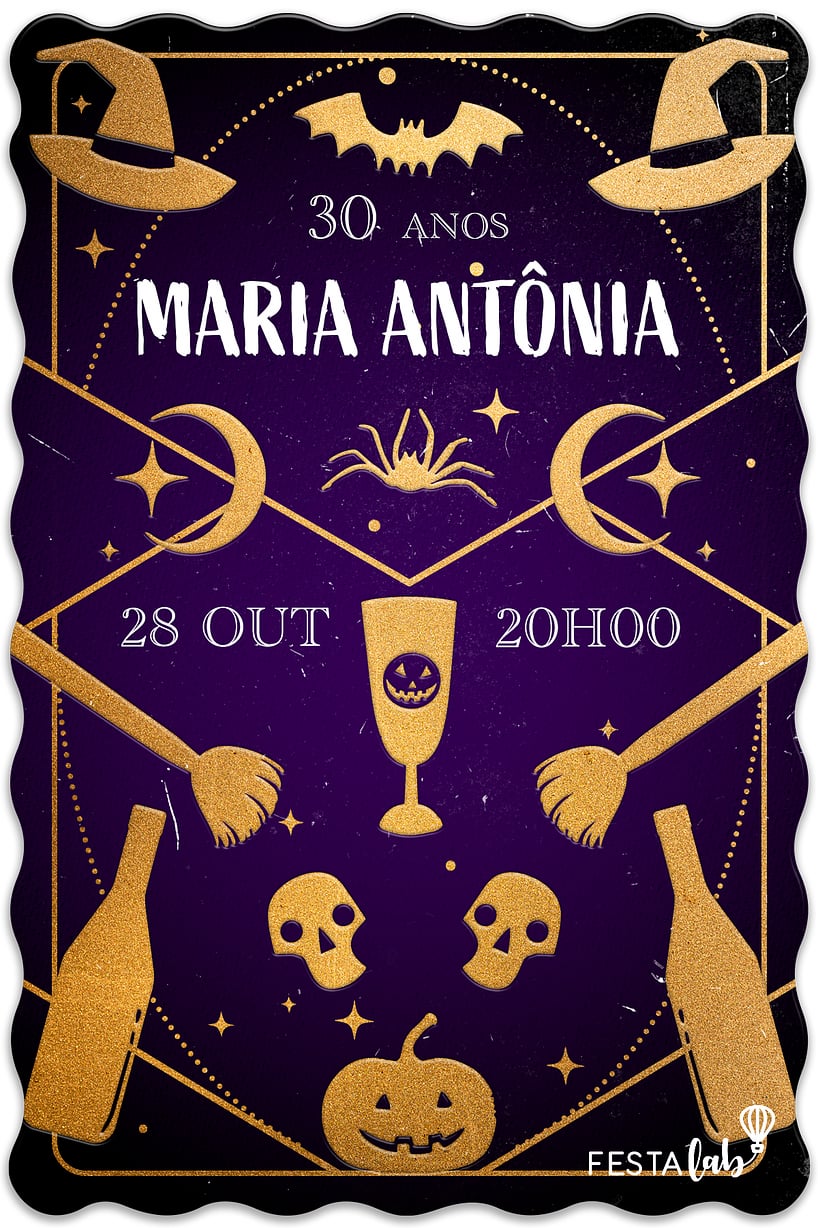 Modelo de Convite de Aniversario Adulto - Halloween dourado roxo Criar convite de aniversário - Halloween dourado roxo| FestaLab
