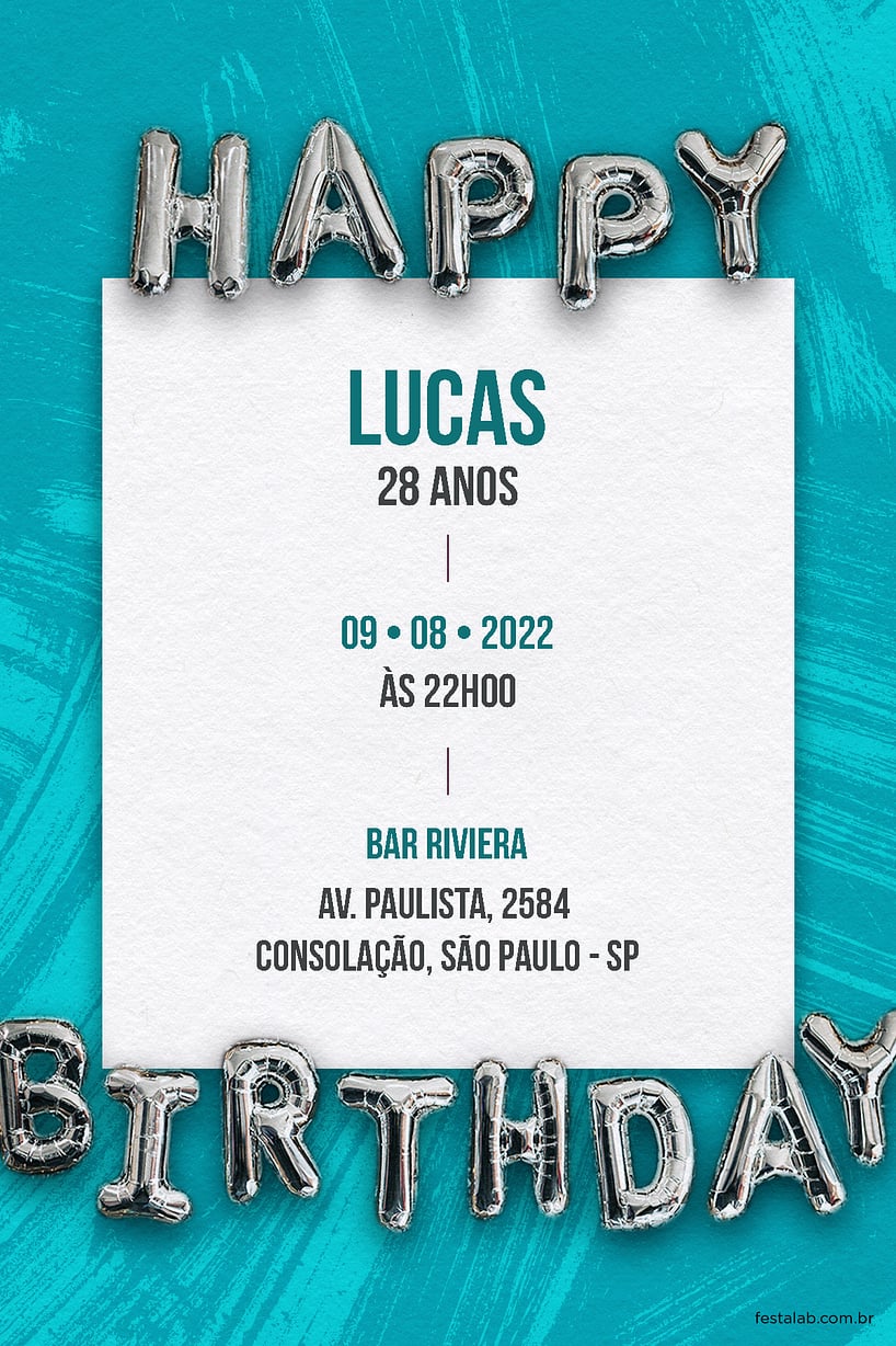 Modelo de Convite de Aniversario Adulto - Happy Birthday: Azul Criar convite de aniversário - Happy Birthday: Azul| FestaLab