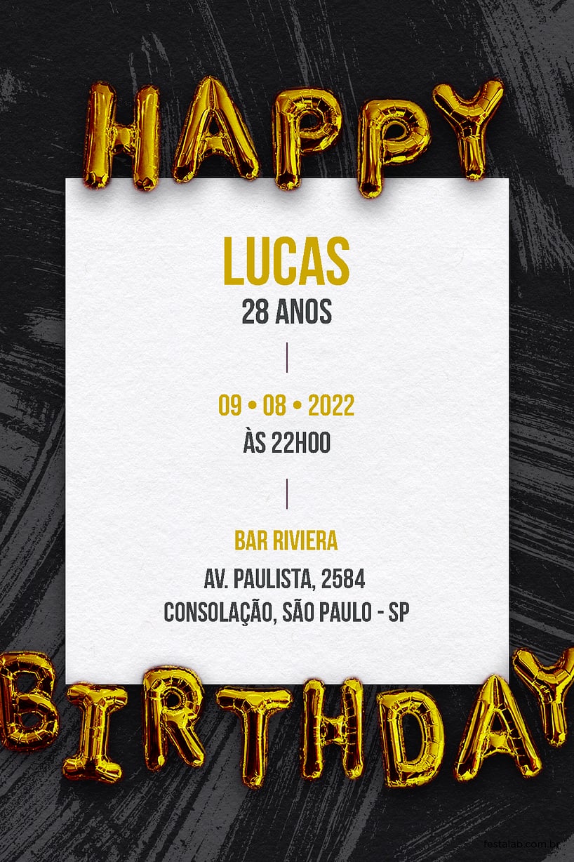 Modelo de Convite de Aniversario Adulto - Happy Birthday: Preto Criar convite de aniversário - Happy Birthday: Preto| FestaLab