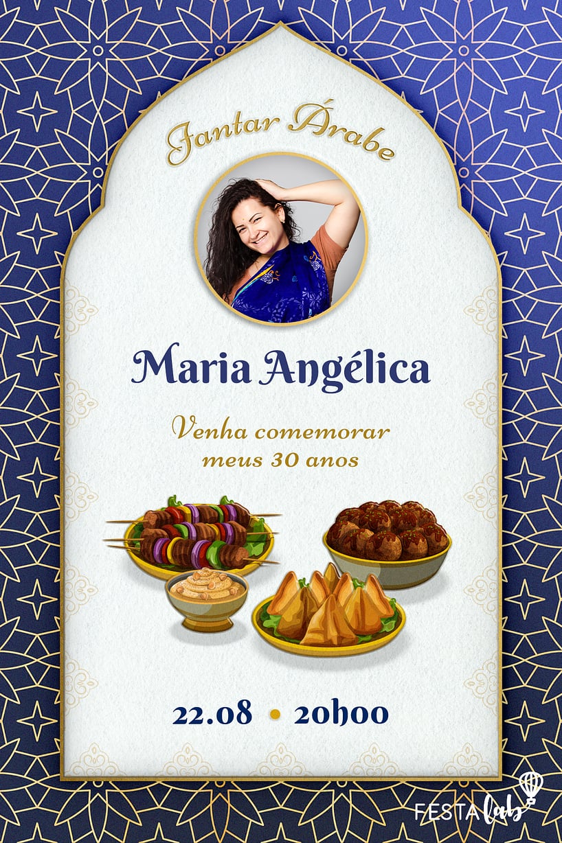 Modelo de Convite de Aniversario Adulto - Jantar Arabe Criar convite de aniversário - Jantar Árabe| FestaLab