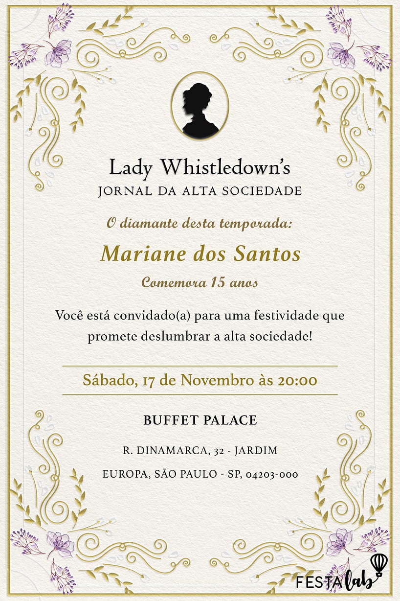 Modelo de Convite de Aniversario Adulto - Jornal da Lady Whistledown?s Criar convite de aniversário - Jornal da Lady Whistledown’s| FestaLab