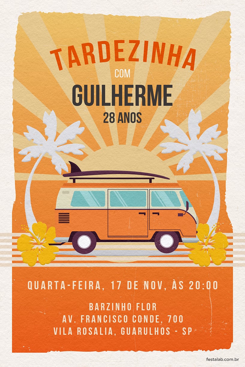 Modelo de Convite de Aniversario Adulto - Aventuras na Kombi: Laranja Criar convite de aniversário - Aventuras na Kombi: Laranja| FestaLab