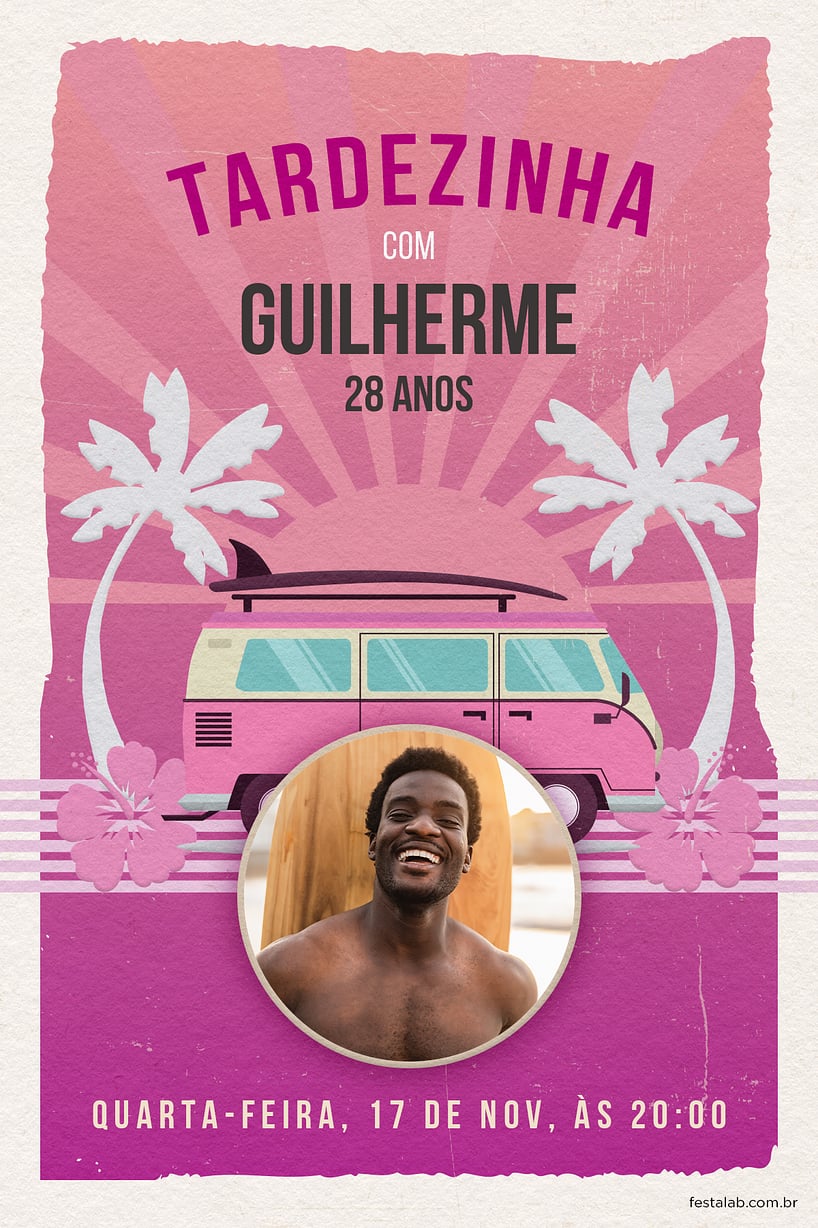 Modelo de Convite de Aniversario Adulto - Aventuras na Kombi: Rosa Criar convite de aniversário - Aventuras na Kombi: Rosa| FestaLab