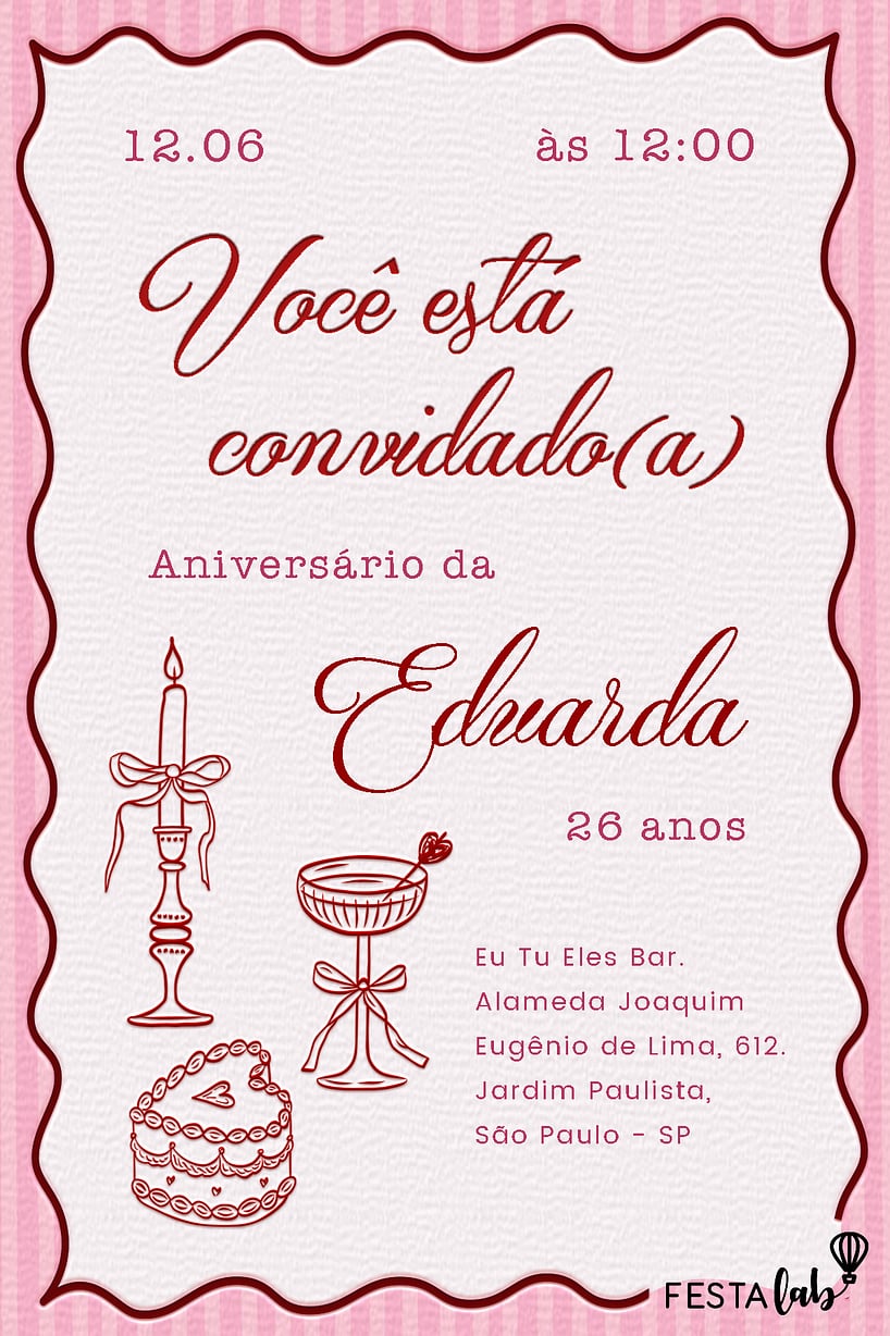 Modelo de Convite de Aniversario Adulto - Lacos e Bolos Aesthetic Criar convite de aniversário - Laços e Bolos Aesthetic| FestaLab