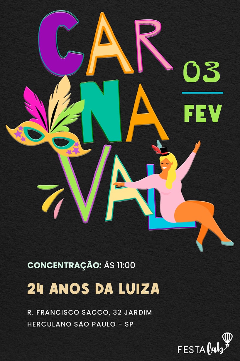 Modelo de Convite de Aniversario Adulto - Lettering de Carnaval Criar convite de aniversário - Lettering de Carnaval| FestaLab