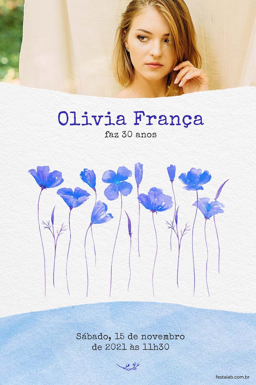 Modelo de Convite de Aniversario Adulto - Lirios aquarela azul Criar convite de aniversário - Lírios aquarela azul| FestaLab