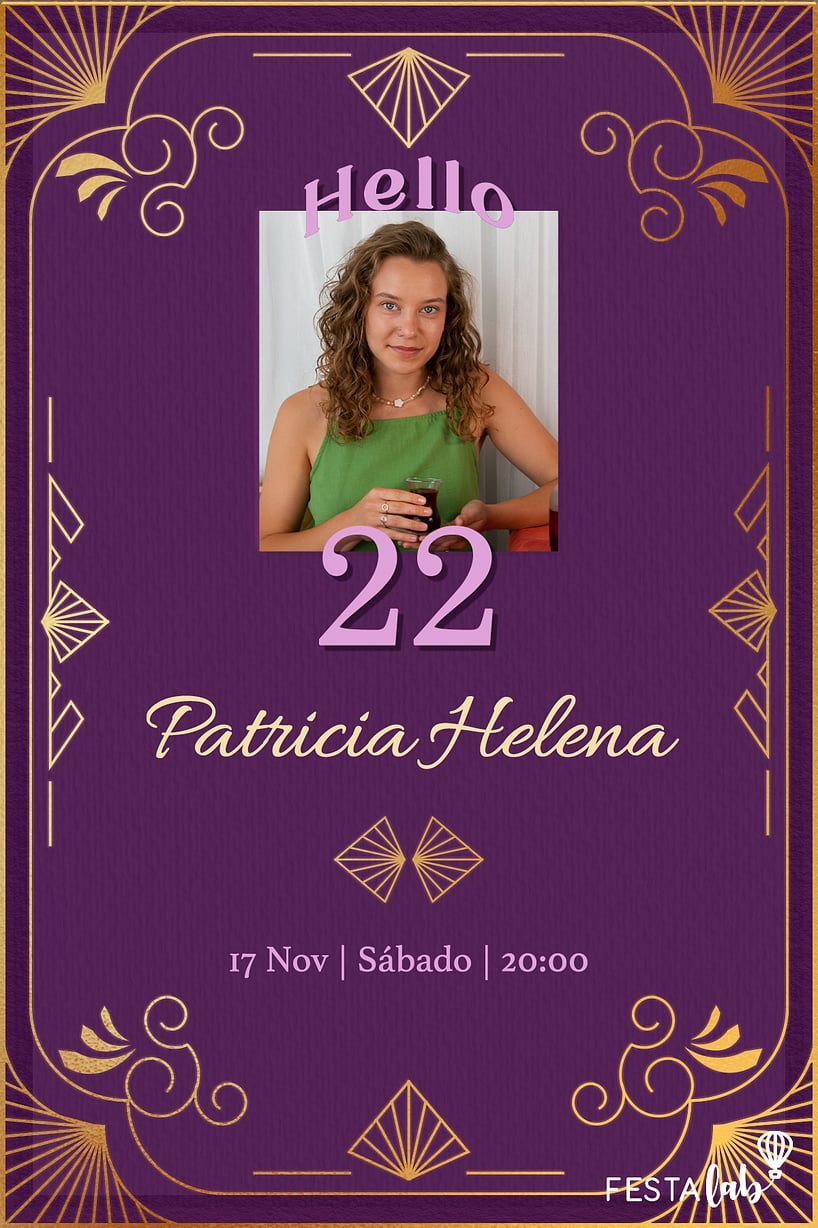 Modelo de Convite de Aniversario Adulto - Moldura Aesthetic Roxo Criar convite de aniversário - Moldura Aesthetic Roxo| FestaLab