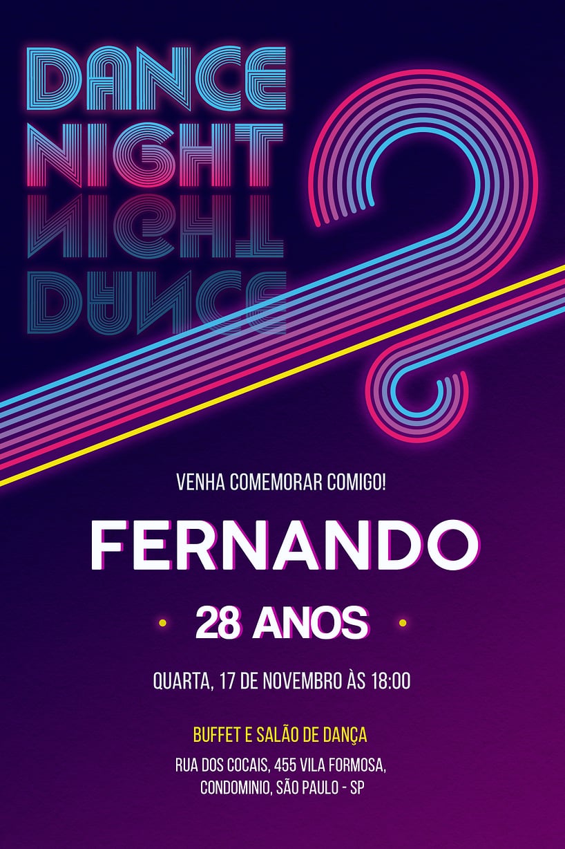 Modelo de Convite de Aniversario Adulto - Neon Anos 70 Criar convite de aniversário - Neon Anos 70| FestaLab