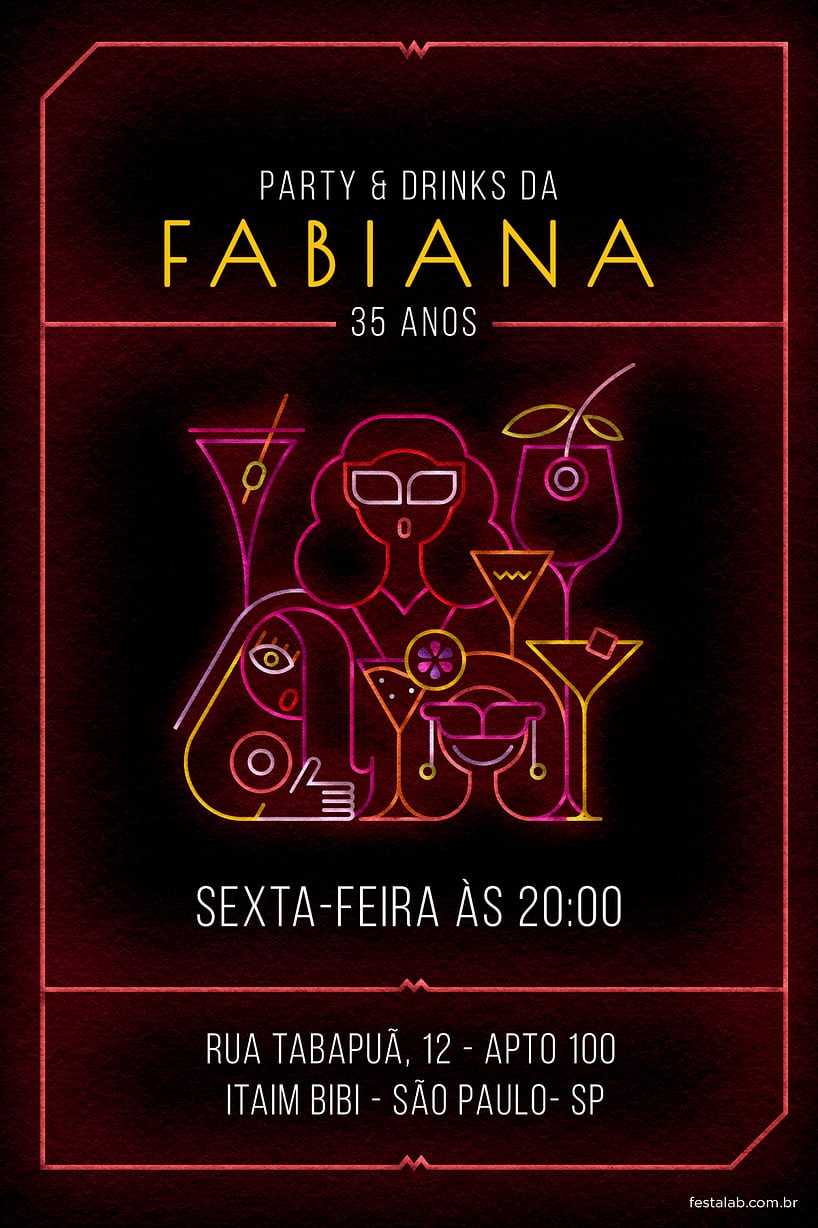 Modelo de Convite de Aniversario Adulto - Neon Drink Criar convite de aniversário - Neon Drink| FestaLab