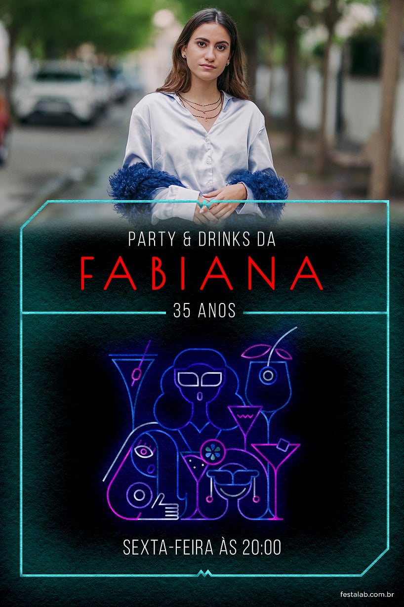 Modelo de Convite de Aniversario Adulto - Neon Drink Azul Criar convite de aniversário - Neon Drink Azul| FestaLab