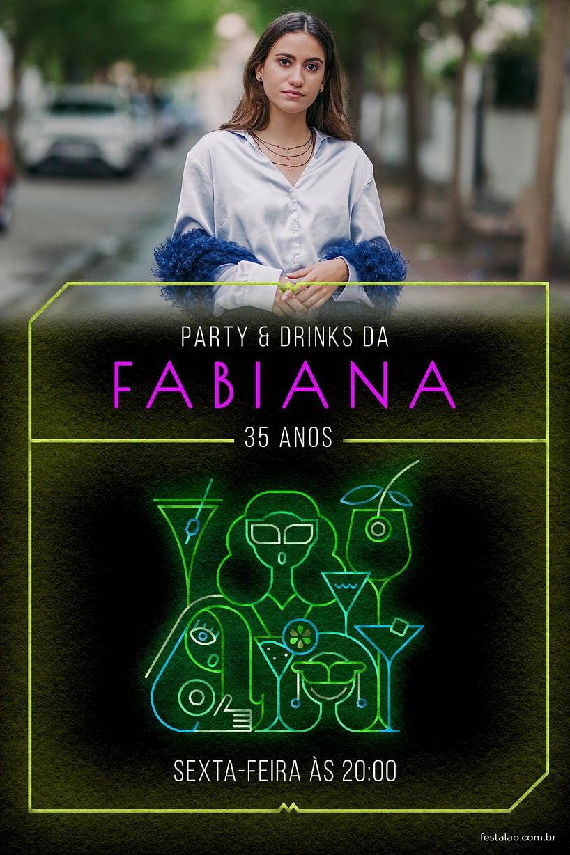 Modelo de Convite de Aniversario Adulto - Neon Drink Verde Criar convite de aniversário - Neon Drink Verde| FestaLab
