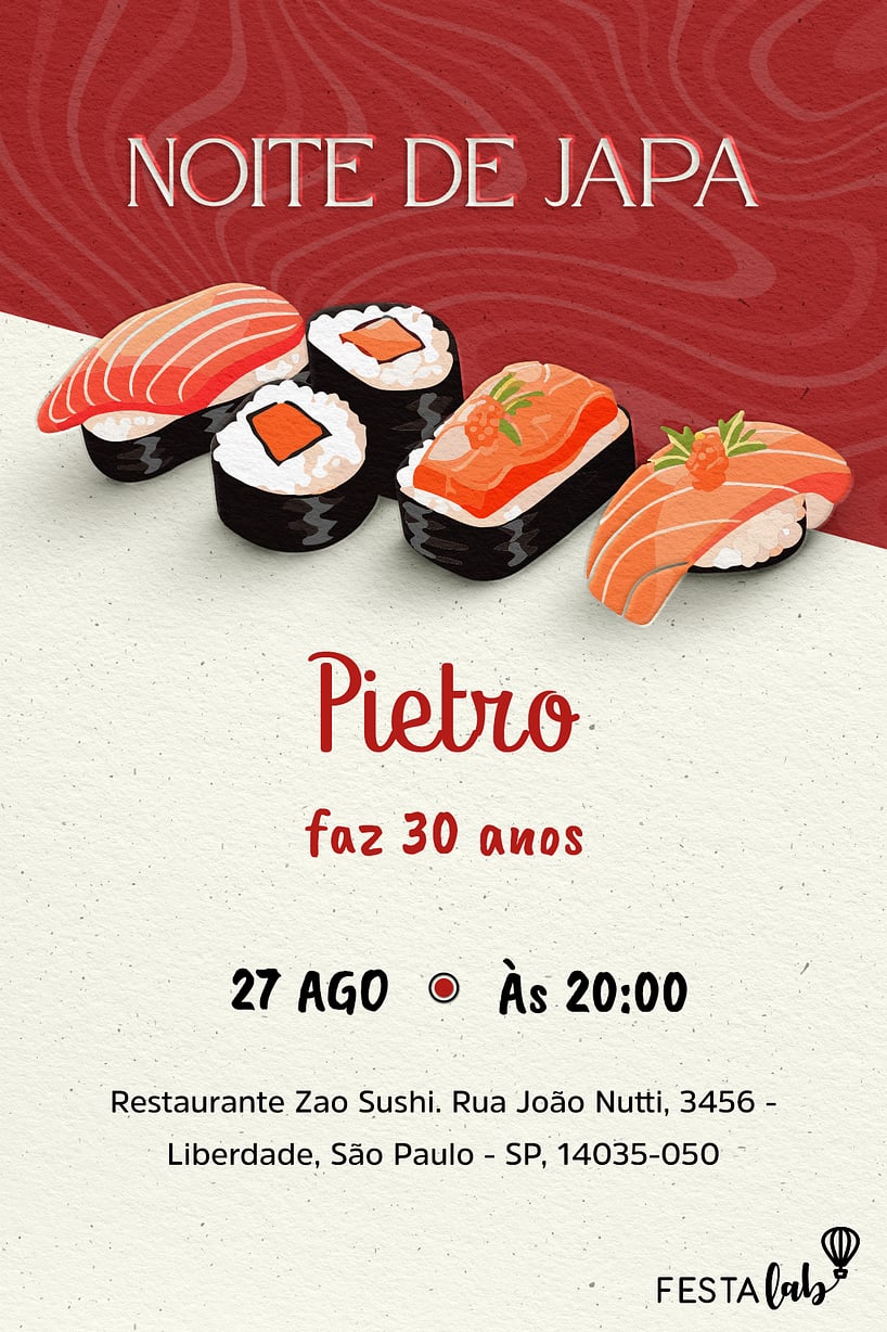 Modelo de Convite de Aniversario Adulto - Noite de Japa Vermelho Criar convite de aniversário - Noite de Japa Vermelho| FestaLab