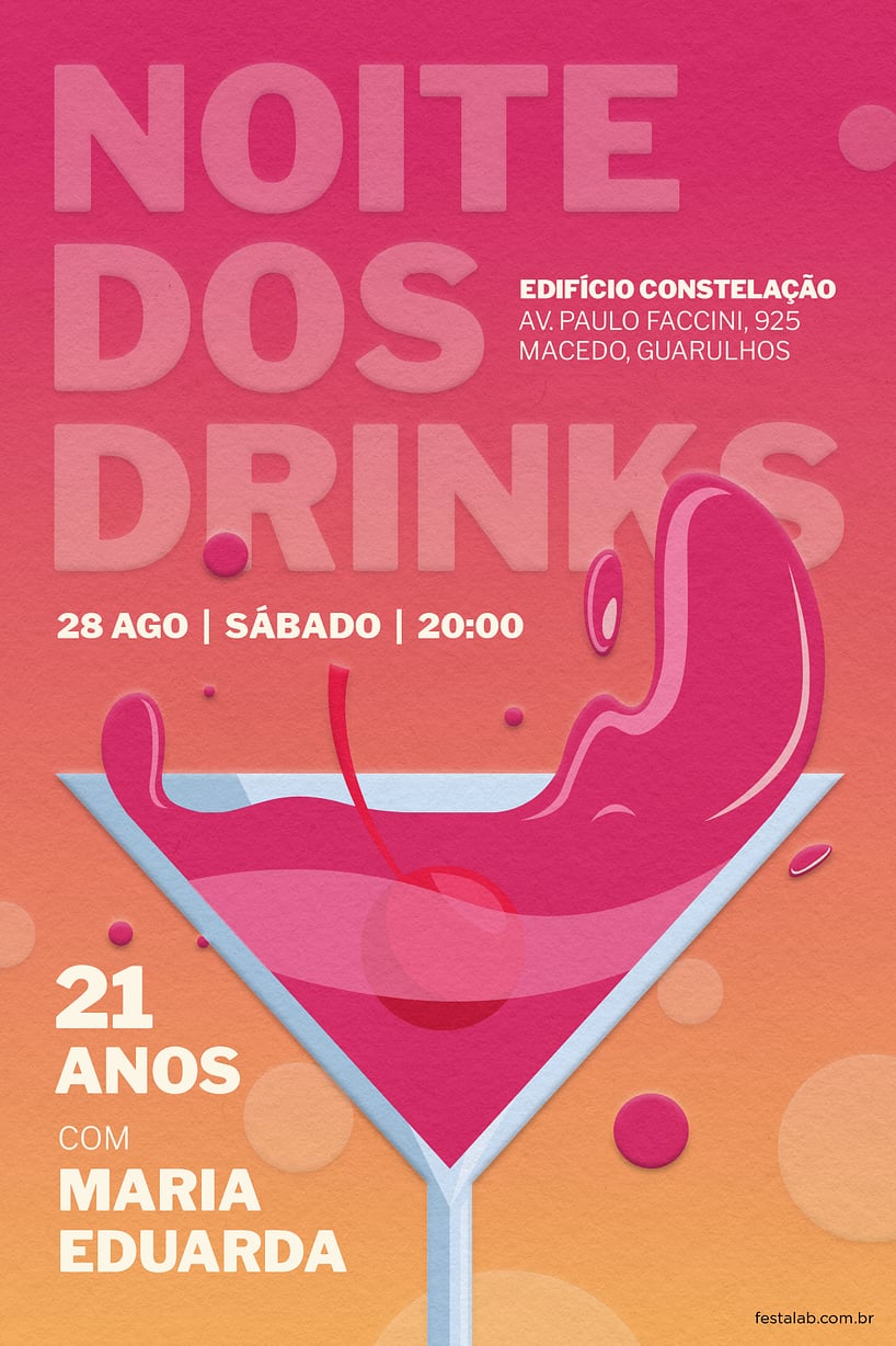 Modelo de Convite de Aniversario Adulto - Noite dos Drinks Criar convite de aniversário - Noite dos Drinks| FestaLab