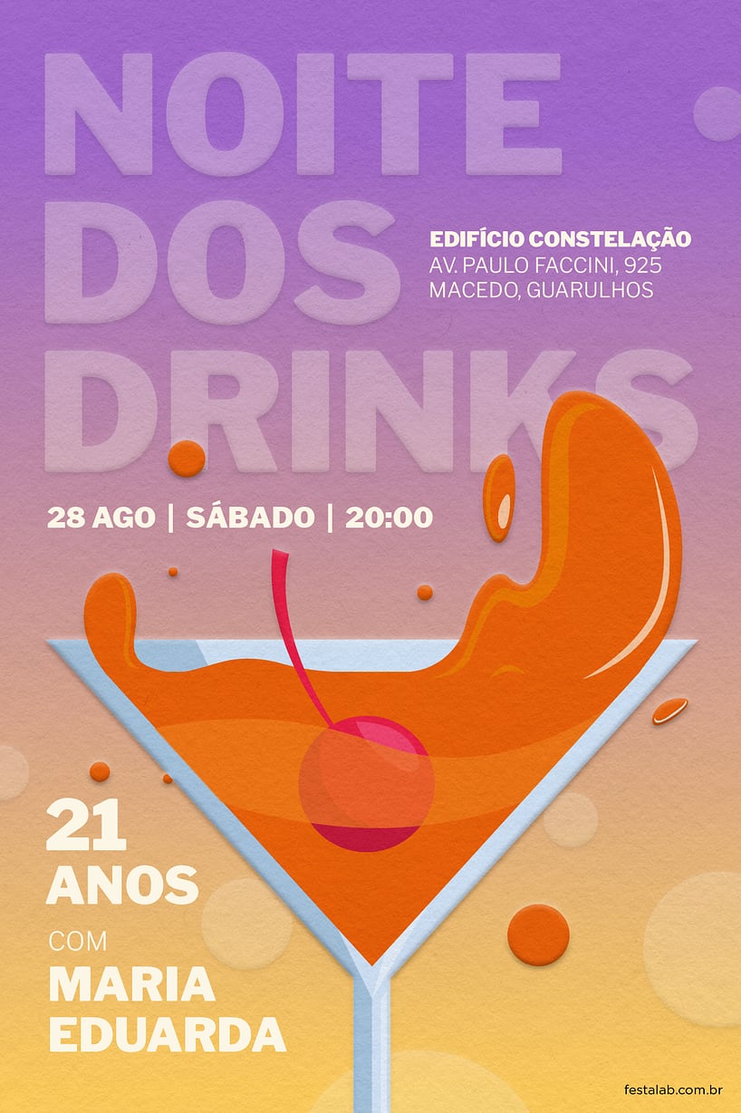 Modelo de Convite de Aniversario Adulto - Noite dos Drinks Lilas Criar convite de aniversário - Noite dos Drinks Lilas| FestaLab