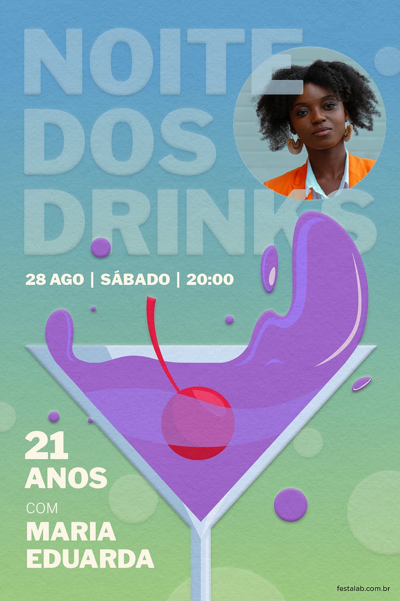 Modelo de Convite de Aniversario Adulto - Noite dos Drinks Verde Criar convite de aniversário - Noite dos Drinks Verde| FestaLab