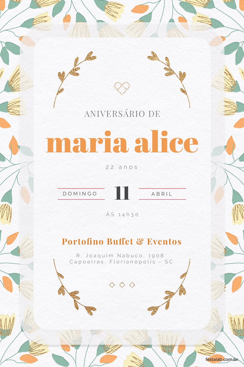 Modelo de Convite de Aniversario Adulto - Raminhos Laranja Criar convite de aniversário - Raminhos Laranja| FestaLab