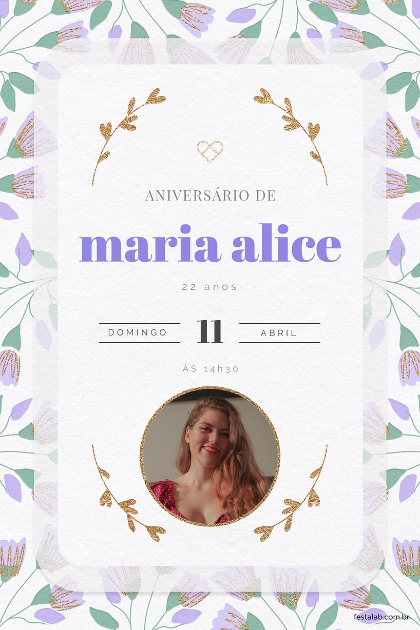 Modelo de Convite de Aniversario Adulto - Raminhos Lilas Criar convite de aniversário - Raminhos Lilás| FestaLab
