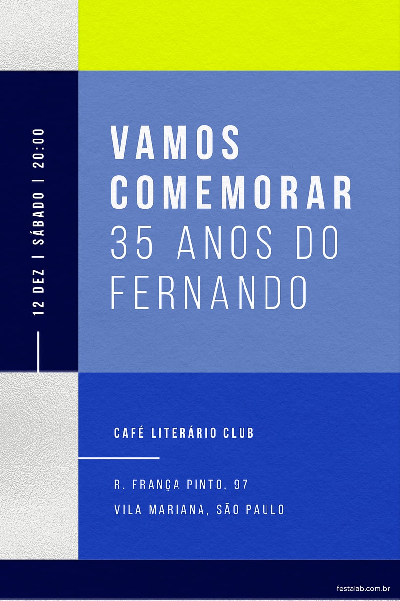 Modelo de Convite de Aniversario Adulto - Retangular Azul Criar convite de aniversário - Retangular Azul| FestaLab