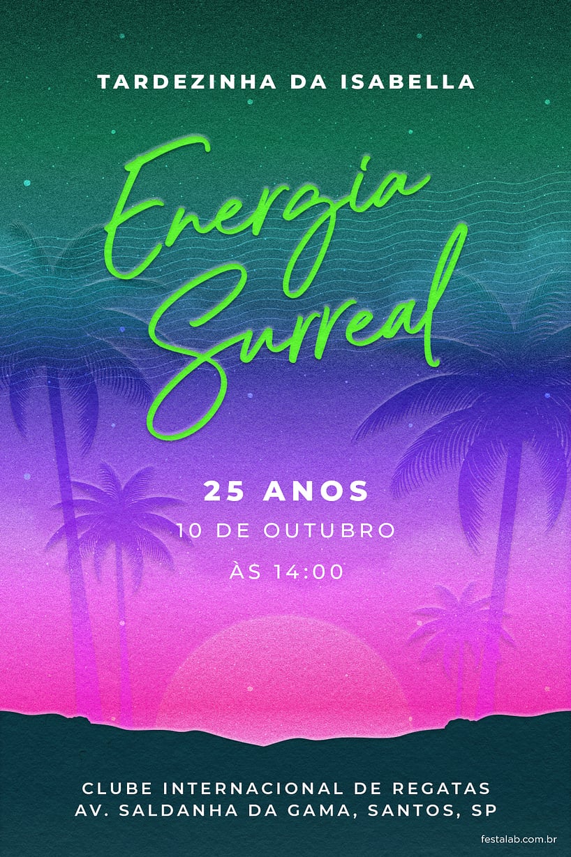 Modelo de Convite de Aniversario Adulto - Uma Festa ao Por do Sol: Verde e Roxo Criar convite de aniversário - Uma Festa ao Pôr do Sol: Verde e Roxo| FestaLab