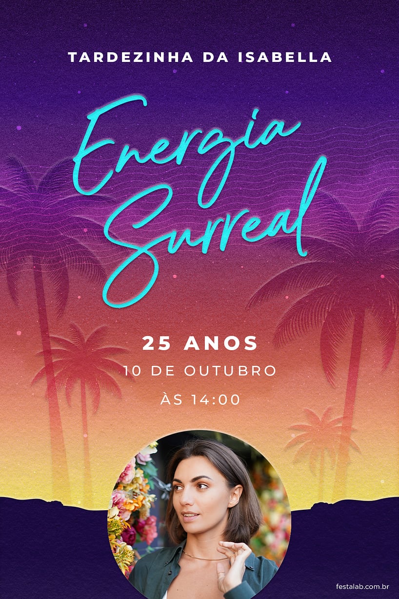 Modelo de Convite de Aniversario Adulto - Uma Festa ao Por do Sol: Laranja e Roxo Criar convite de aniversário - Uma Festa ao Pôr do Sol: Laranja e Roxo| FestaLab