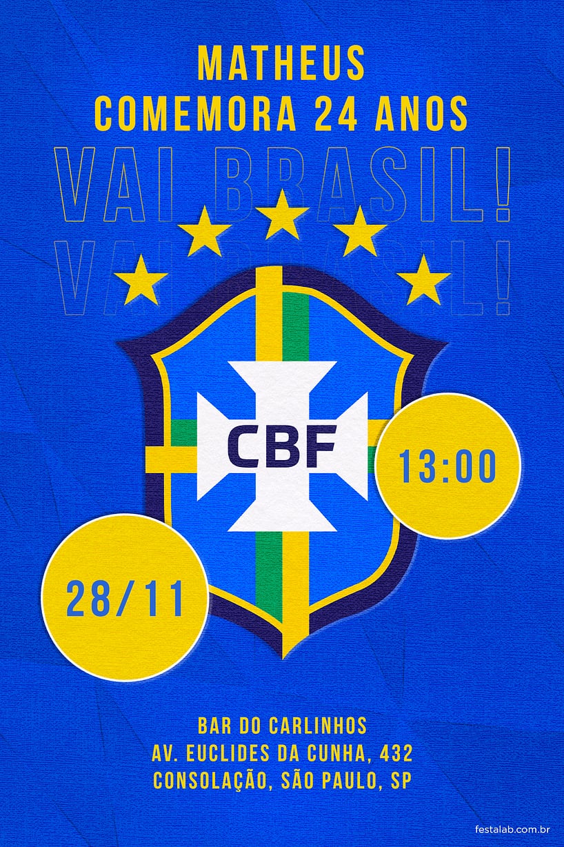 Modelo de Convite de Aniversario Adulto - Vai Brasil azul Criar convite de aniversário - Vai Brasil azul| FestaLab