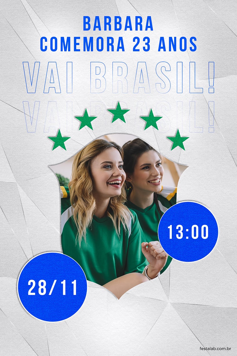Modelo de Convite de Aniversario Adulto - Vai Brasil - cinza Criar convite de aniversário - Vai Brasil - cinza| FestaLab