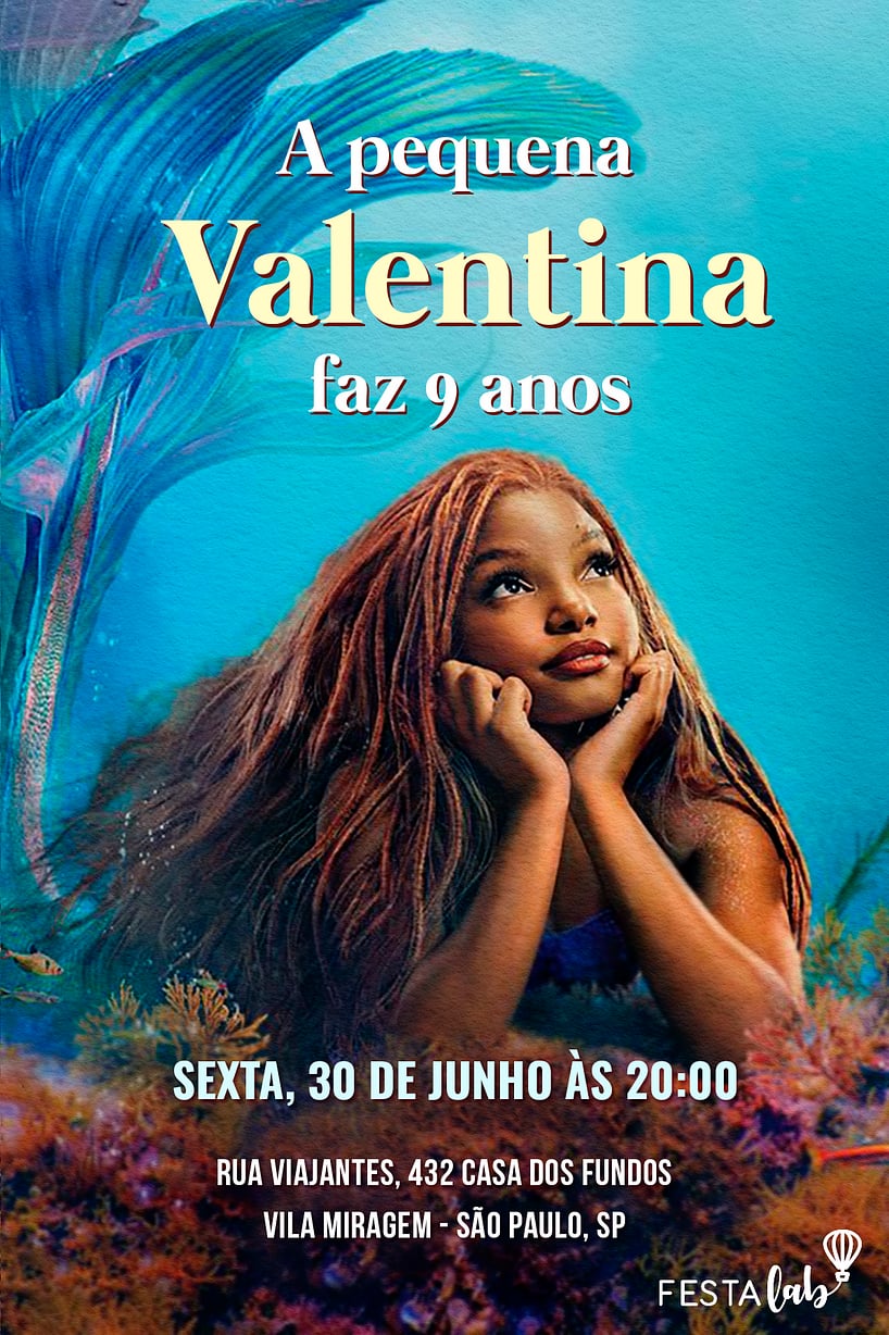 Modelo de Convite de Aniversario - A aventura da pequena sereia Criar convite de aniversário - A aventura da pequena sereia| FestaLab
