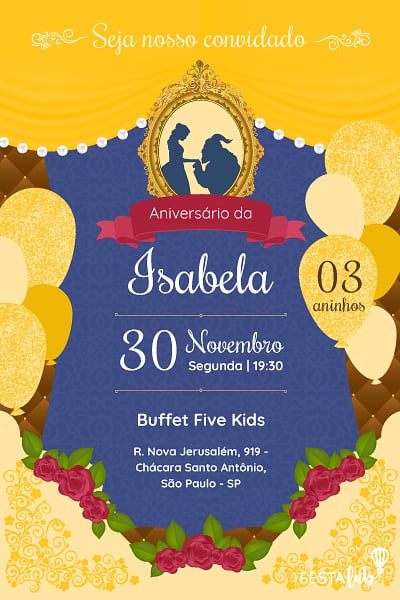 Modelo de Convite de Aniversario - A Magia de A Bela e a Fera - Amarelo Criar convite de aniversário - A Magia de A Bela e a Fera - Amarelo| FestaLab