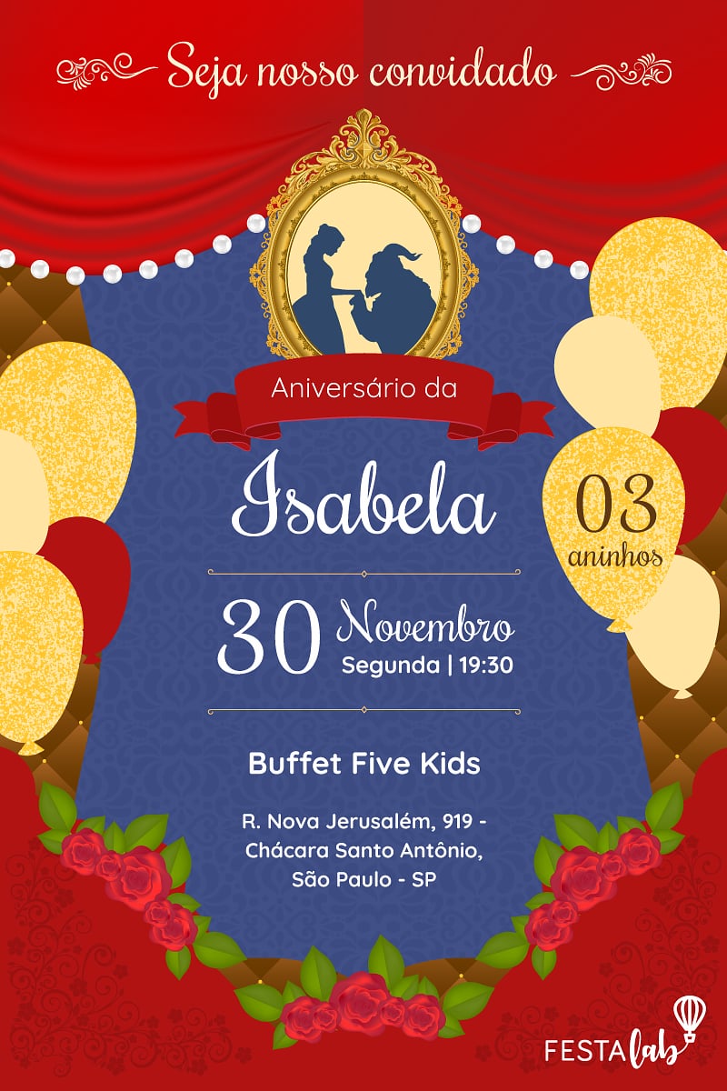 Modelo de Convite de Aniversario - A Magia de A Bela e a Fera Criar convite de aniversário - A Magia de A Bela e a Fera| FestaLab