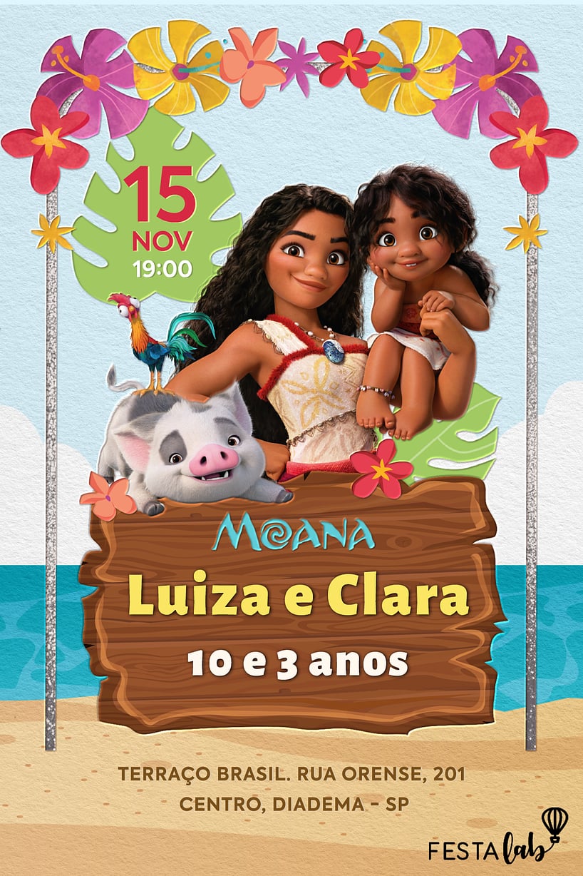 Modelo de Convite de Aniversario - A irma de Moana Criar convite de aniversário - A irmã de Moana| FestaLab