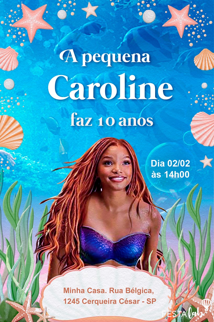 Modelo de Convite de Aniversario - A pequena sereia entre as conchas. Criar convite de aniversário - A pequena sereia entre as conchas.| FestaLab