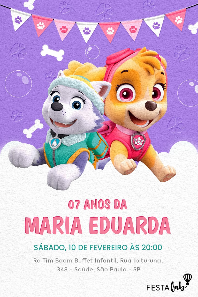 Modelo de Convite de Aniversario - A Skye e a Everest Criar convite de aniversário - A Skye e a Everest| FestaLab