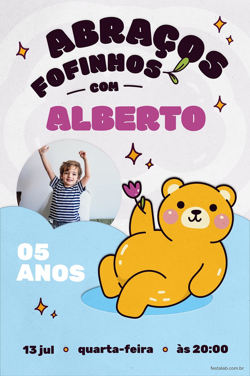 Modelo de Convite de Aniversario - Abracos Fofinhos Lilas Criar convite de aniversário - Abraços Fofinhos Lilás| FestaLab