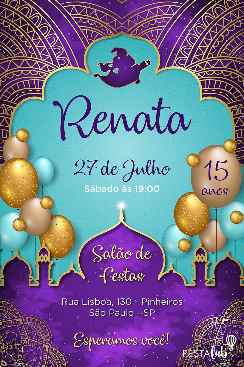 Modelo de Convite de Aniversario - Aladdin Criar convite de aniversário - Aladdin| FestaLab